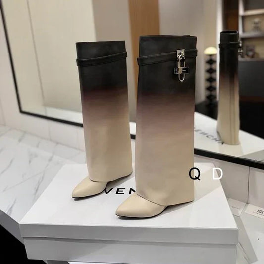 Ombre Leather Boots With Lock Detail