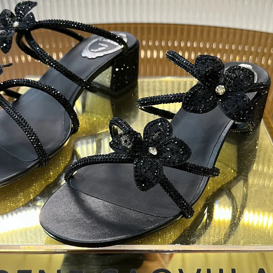 Lace Flower Crystal Sandals